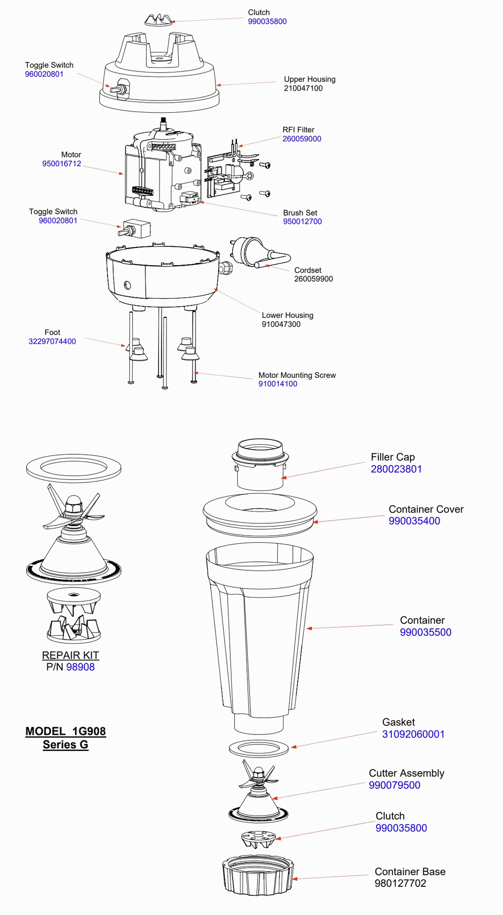 Diagram Diagram and Parts List for 1G908-G  Hamilton Beach Blender